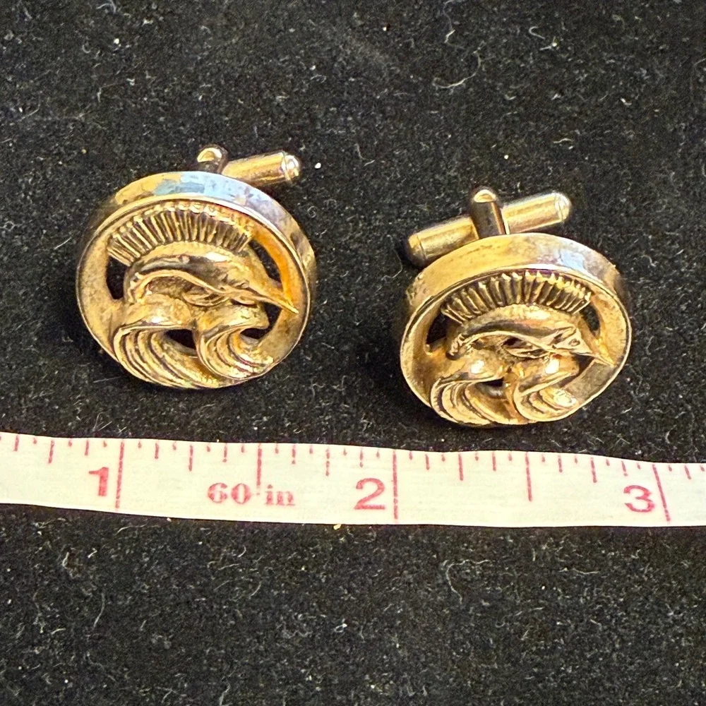 Vintage‎ Gold Tone Marlin Swordfish Nautical Waves Round Cufflinks Mens Jewelry